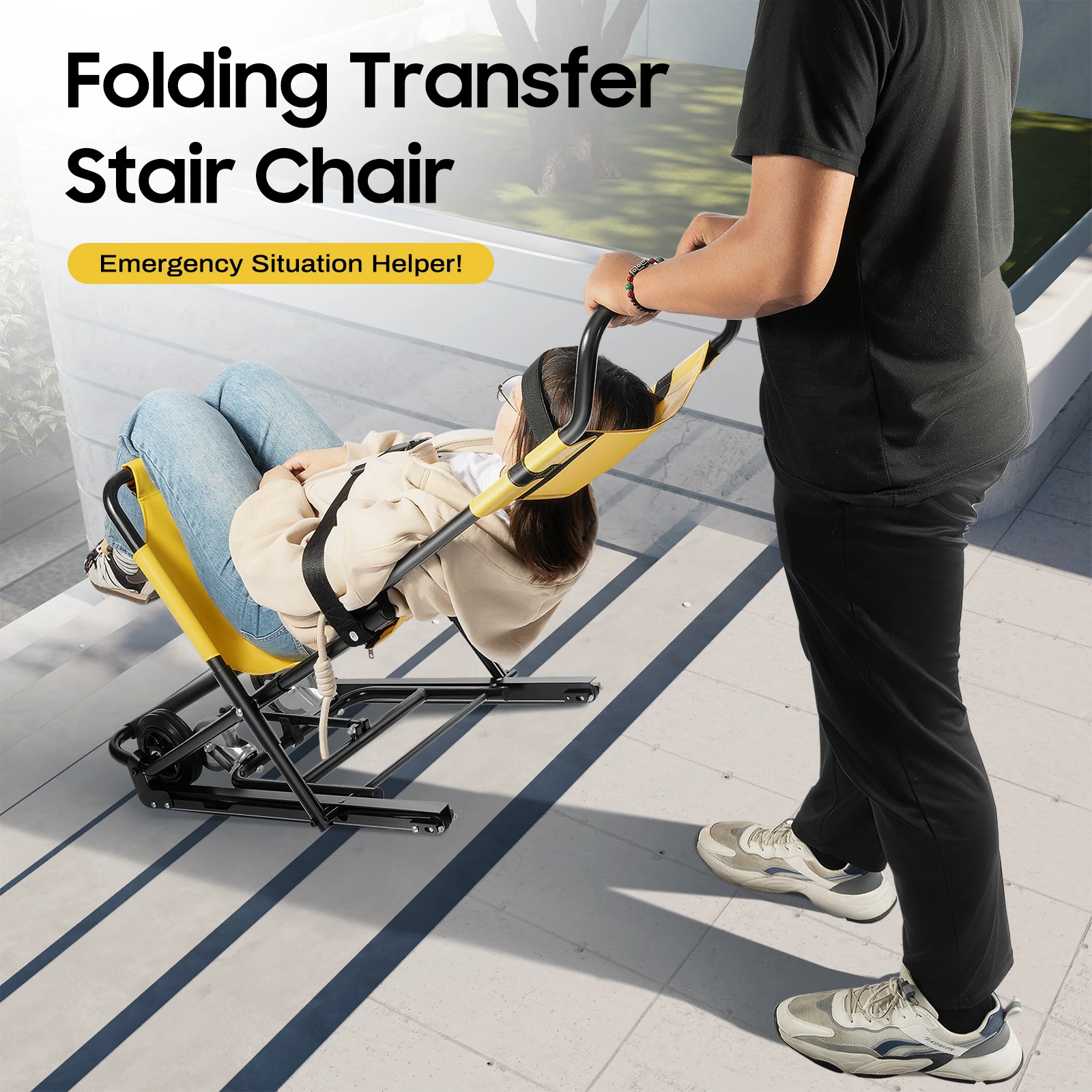 350lbs Foldable Manual Lift Stair Chair, Portable Emergency Folding Transportation Dolly Cart for Elderly Downstair Evacuation