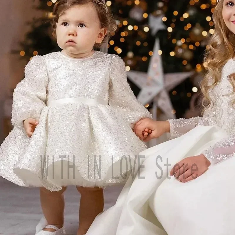 

Flower Girl Dress White Lovely Glitter Sequined Long Sleeves Bow Baby Girl Birthday Wedding Princess Party First Communion Gown