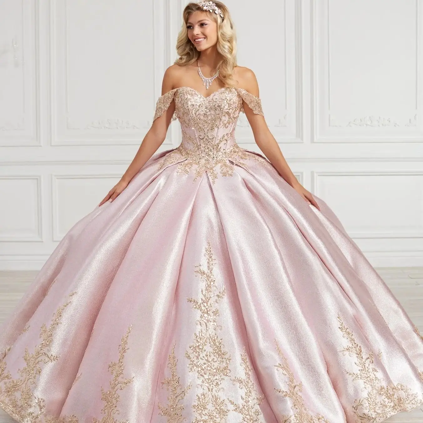 Pink Charro Quinceanera Dresses Ball Gown Off The Shoulder Appliques Puffy Mexican Sweet 16 Dresses 15 Anos