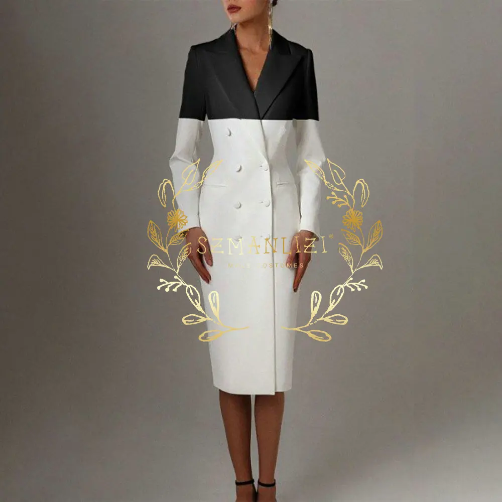 White And Black Double Breasted Women Suit Set Long Blazer 1 Pieces Wedding Tuxedos Party Prom Dress Ladies Outfits