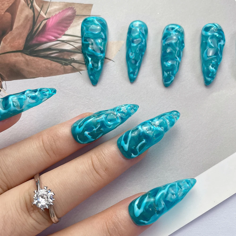 Gentle Blue Color Series Design Handmade Press On Nails Y2K Long Stiletto Full Cover Detachable Nails Zircon Ring Fake Nails Set