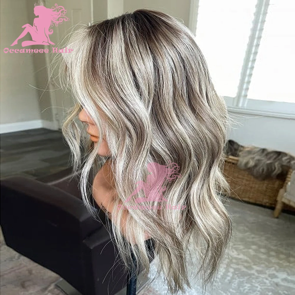 Highlight Human Hair Pruiken Donkere Wortels Bleekmiddel Pretokkelde Blonde 360 Full Lace Frontale Transparante Zwitserse Kanten Pruik Natuurlijk Body Golvend