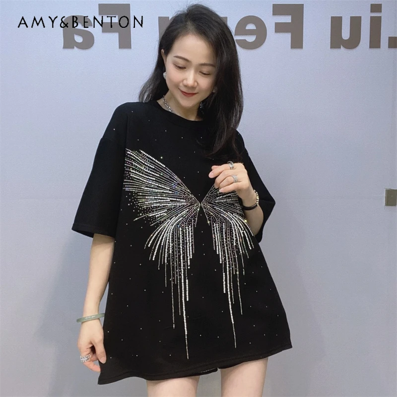 

Летняя футболка с коротким рукавом и стразами, женская, в корейском стиле, с богатой отделкой, оверсайз, пуловер, одежда Y2K