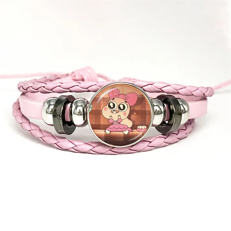 Cartoon World Gumball Kawaii Darwin And Anais Pink Leather Bracelet Glass Cabochon Button Multilayer Bangles Wristband Gift