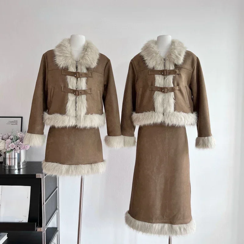 Autumn Winter Faux Fur 2 Piece Skirt Set Women Casual Y2k Vintage Blazers Jacket Coats + Skirts Korean Fashion Suits Kawaii Chic