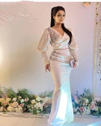 Women White Wedding Party Dress Long Sleeve Lace Beads Sequins Evening Dress Mermaid Satin Custom Plus Size Pleats Women Dress