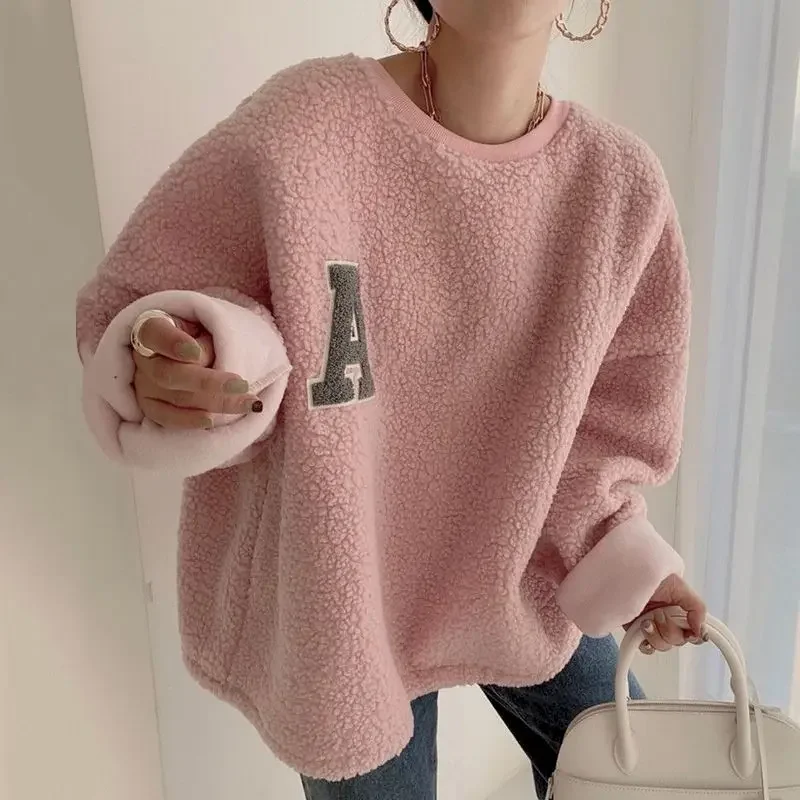 Chic Plush Thicken Pullovers Women Embroidery Letter Pullover Tops Autumn Winter Trend Loose Lamb Wool Warm Sweater Y2k Clothes