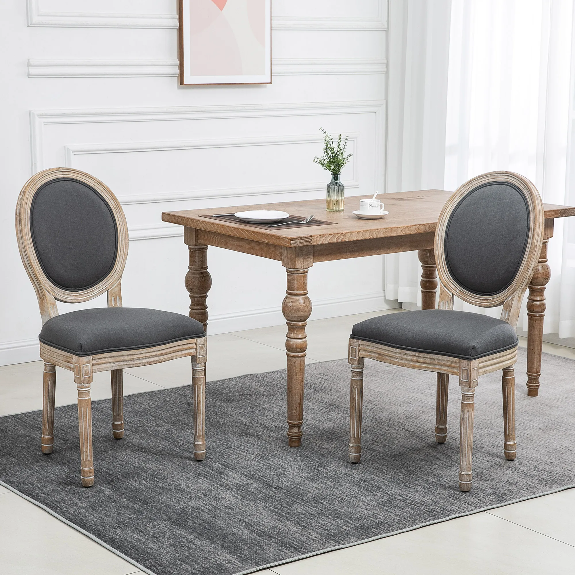 

2Pc French-Style Dining Accent Chairs Set W/ Linen Upholstery & Wood Legs Grey