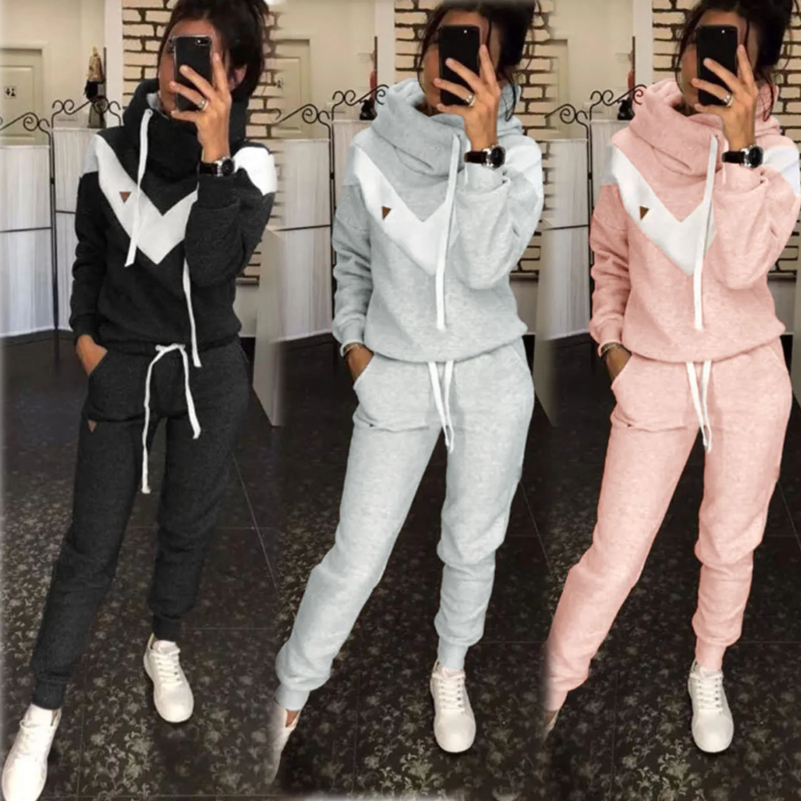 Women Solid Color Casual Suit Long Sleeve O Neck Blouse Top Drawstring Pants Sports Tracksuit Female Autumn Winter Set