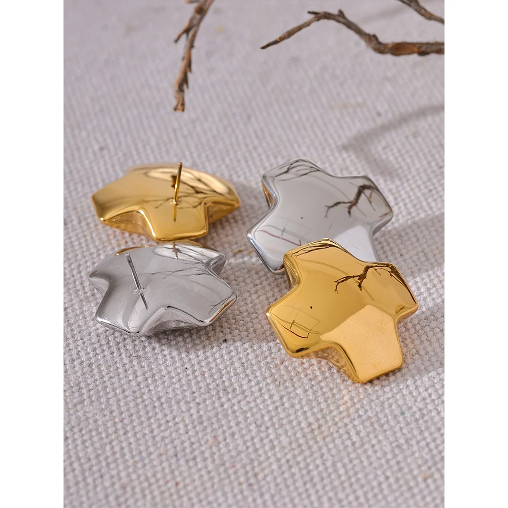 Yhpup High Quality Glossy Smooth Stainless Steel Chunky Cross Big Stud Earrings Minimalist Texture Daily Jewelry Accessories