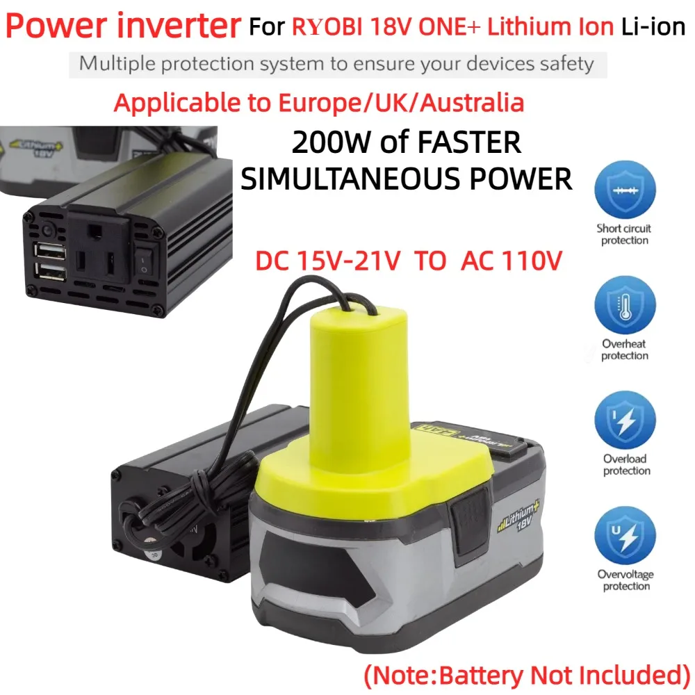 Adaptador de Tomada Inversor de Energia Portátil 200w para Ryobi 18v One Mais Íon de Lítio dc 18v para ac 110v Alimentado com Usb Duplo 5v2.4a
