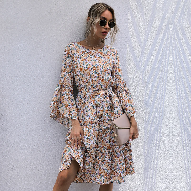 JIM & NORA Summer vintage Print classic ruffled skirt round neck fresh flared sleeves women\'s dress