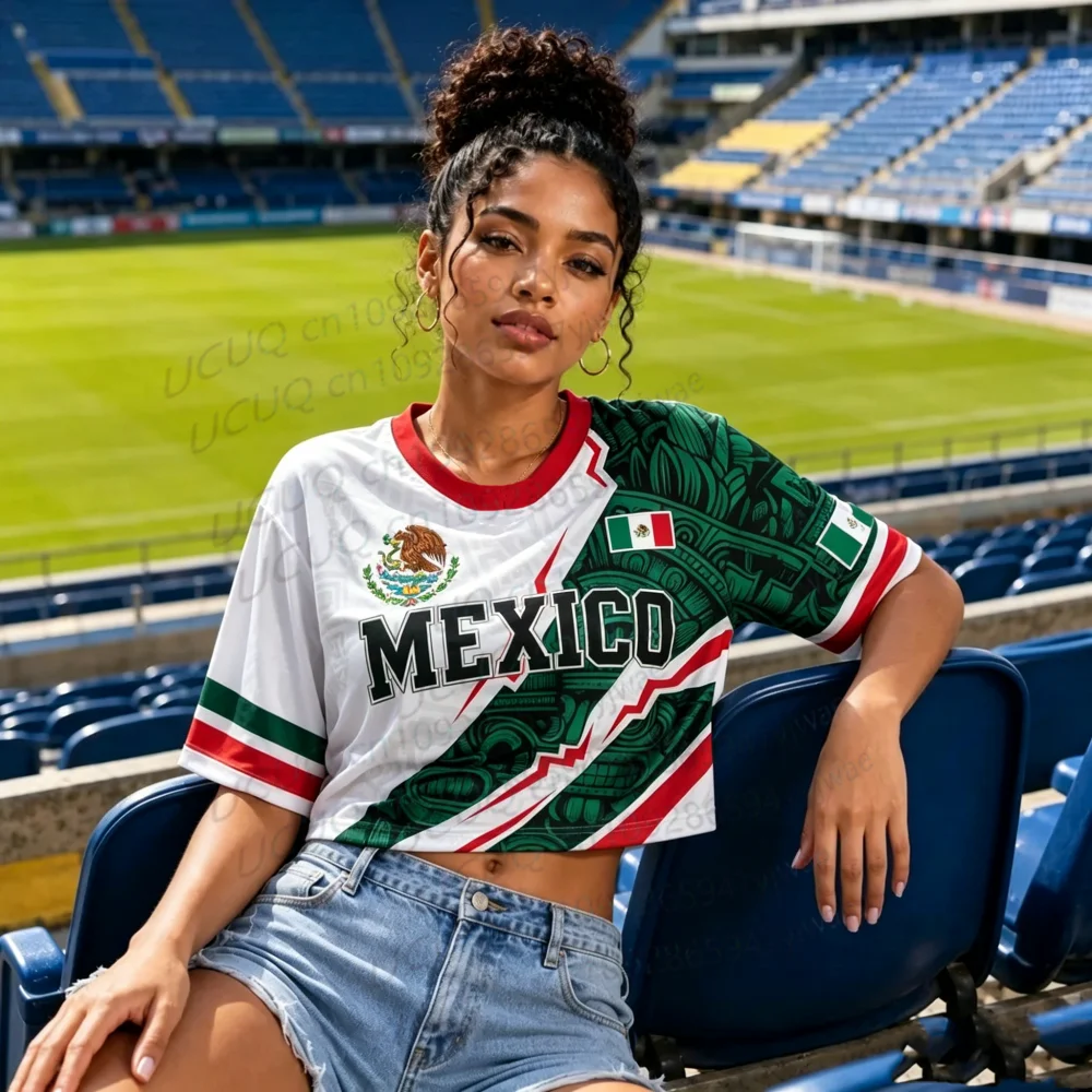 Summer 2026 New Women's Men's Mexico Print Jersey Round Neck Short Sleeve Jersey Cheerleaders Crop Top T-shirt
