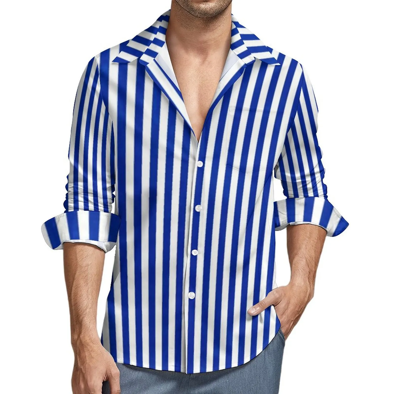 

Nautical Blue And White Blouses Male Vertical Stripes Shirt Long Sleeve Harajuku Casual Shirts Autumn Design Clothing Plus Size