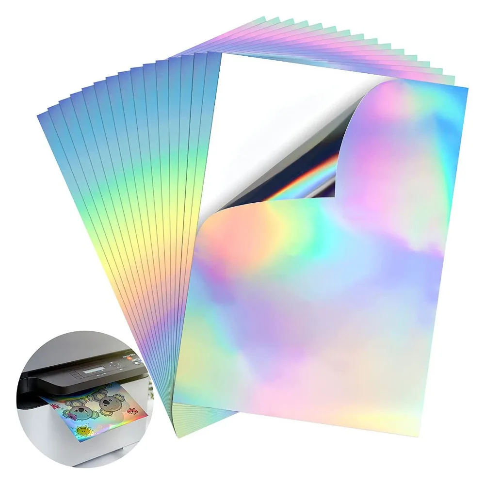 20Pcs PET Holographic Sticker Paper Dries Quickly Waterproof Sticker Paper A4 Practical Printable Sticker Paper Papper Cutting