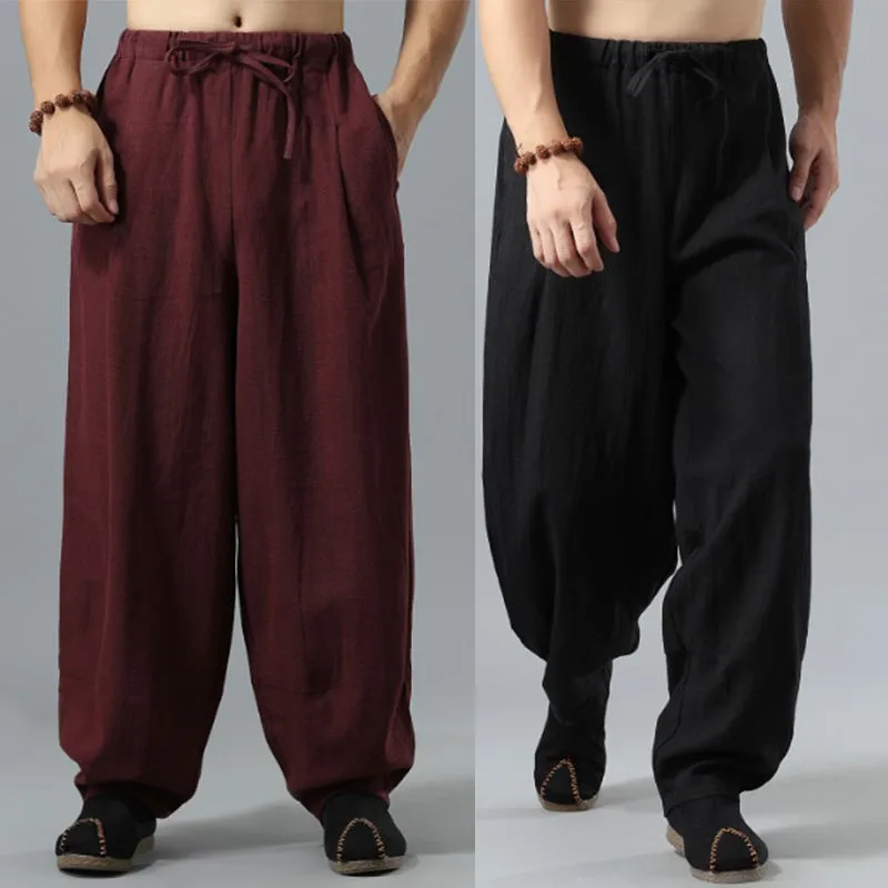 

Summer Men's Casual Wide Leg Pants Loose Cotton Linen Lantern Long Pants Zen Meditation Low Waist Straight Tube Youthful