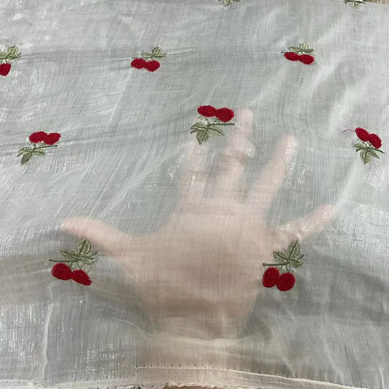 New Stylish Tencel Embroidered Fabric with Cherry Design - Delicate Lace Material for Sewing Projects