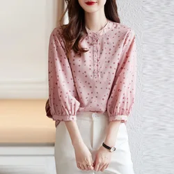 Fashion Printed Polka Dot Puff Sleeve Loose Button Chiffon Blouse Casual Tops Elegant Women's Clothing Oversized Commute Shirt