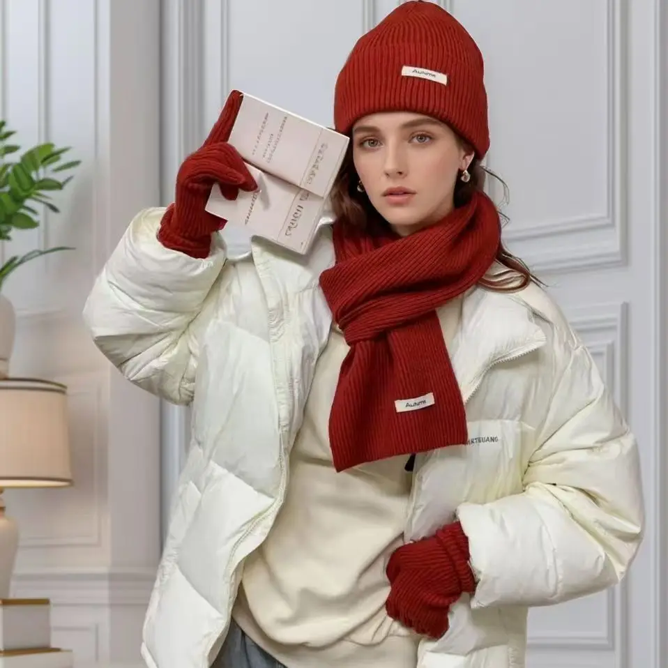 Autumn Winter Women's Hat & Glove Sets knitted Cold-proof Fashion Touch glove Hats Thickened Scarve Warm Three-piece Sets women