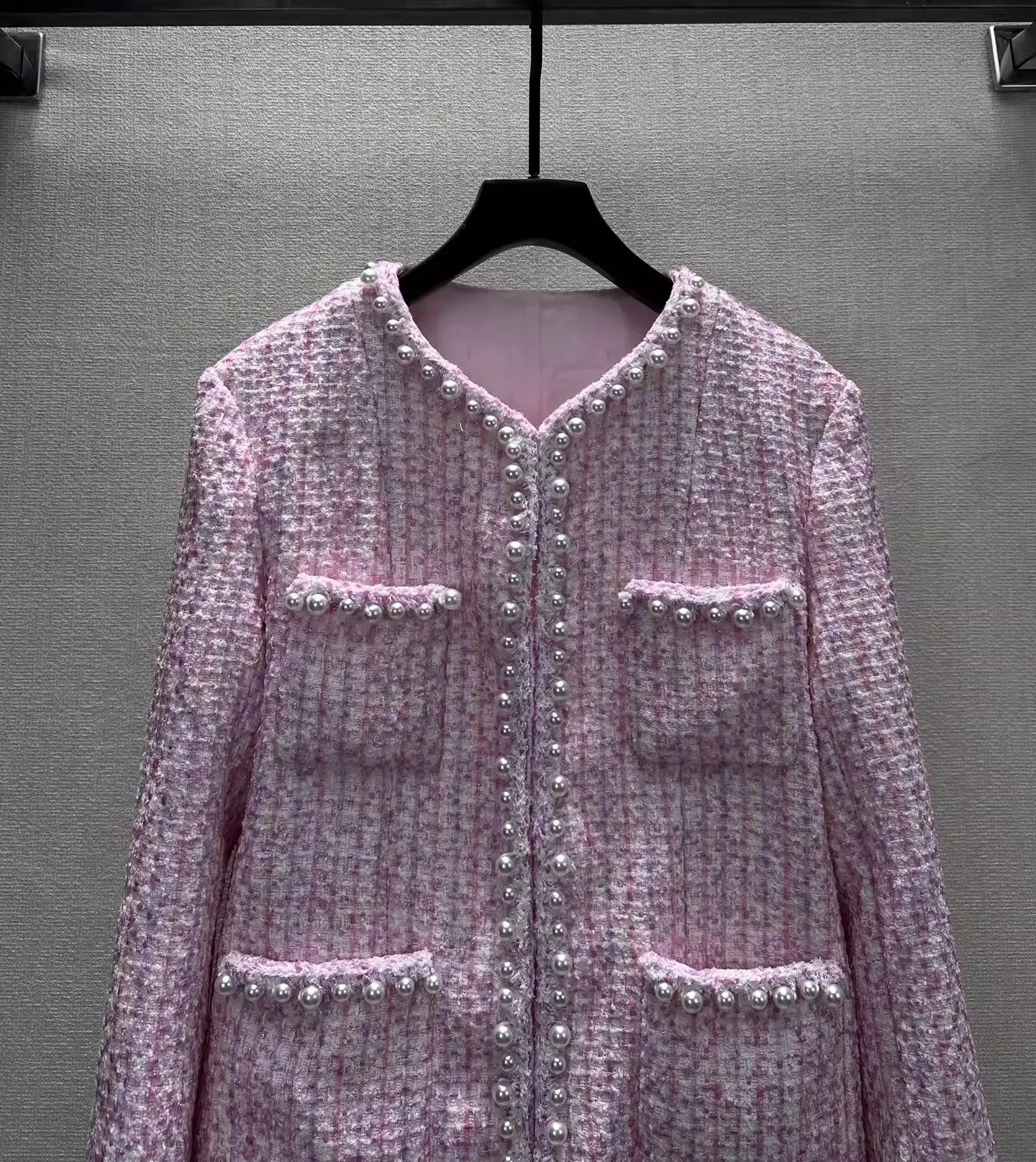 

2025 Autumn/Winter New Women's Coat High Quality Coarse Felt Knitted Pink Nail Bead Elegant Coat Jacket