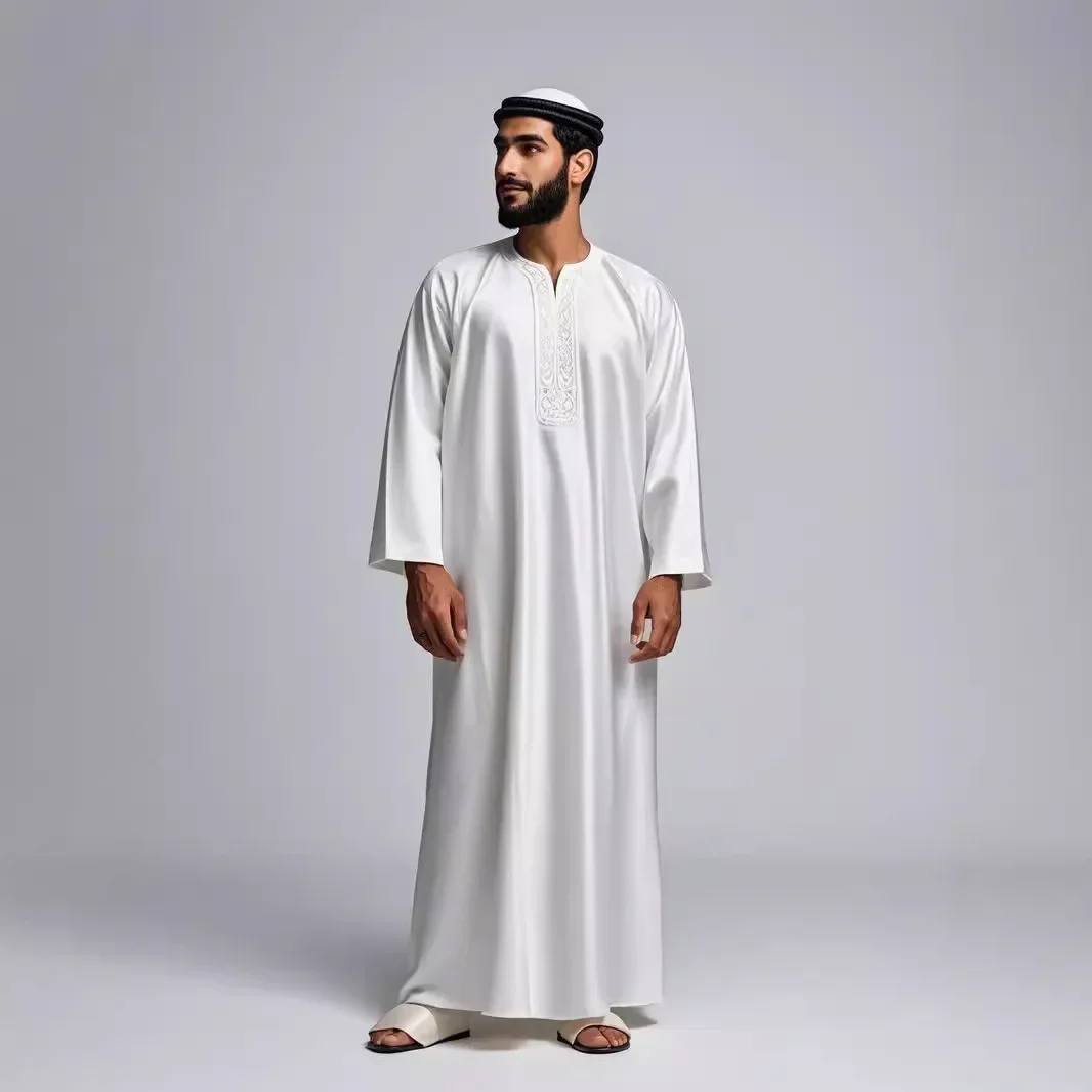 

New African Ethnic Style Casual Muslim Robes, Solid Color Loose and Comfortable Patchwork Embroidered Half Open Collar Robe Men