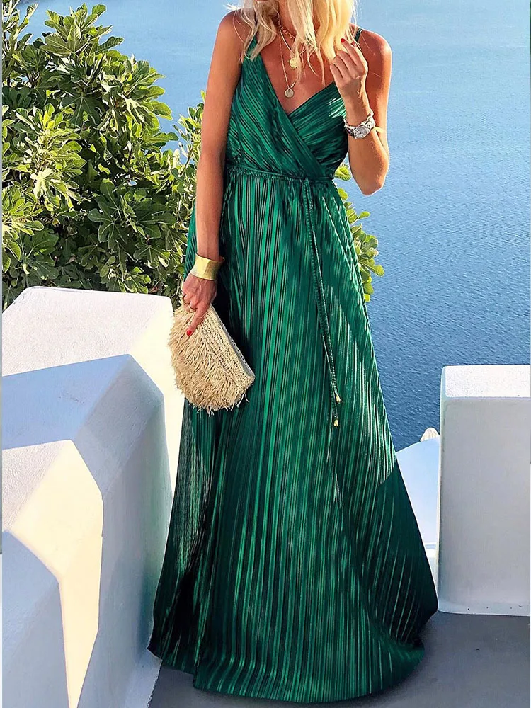 Sexy Spaghetti Strap Dress Women Summer Sleeveless Backless Long Dresses Ladies Elegant Fashion Lace Up Pleated Evening Dress