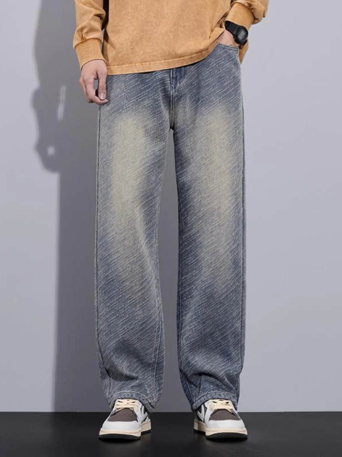 

Мужские джинсы в стиле ретро American High Street с узором в виде звезд, повседневные, прямого кроя, свободного покроя, осенне-зимние, модные брендовые джинсовые брюки