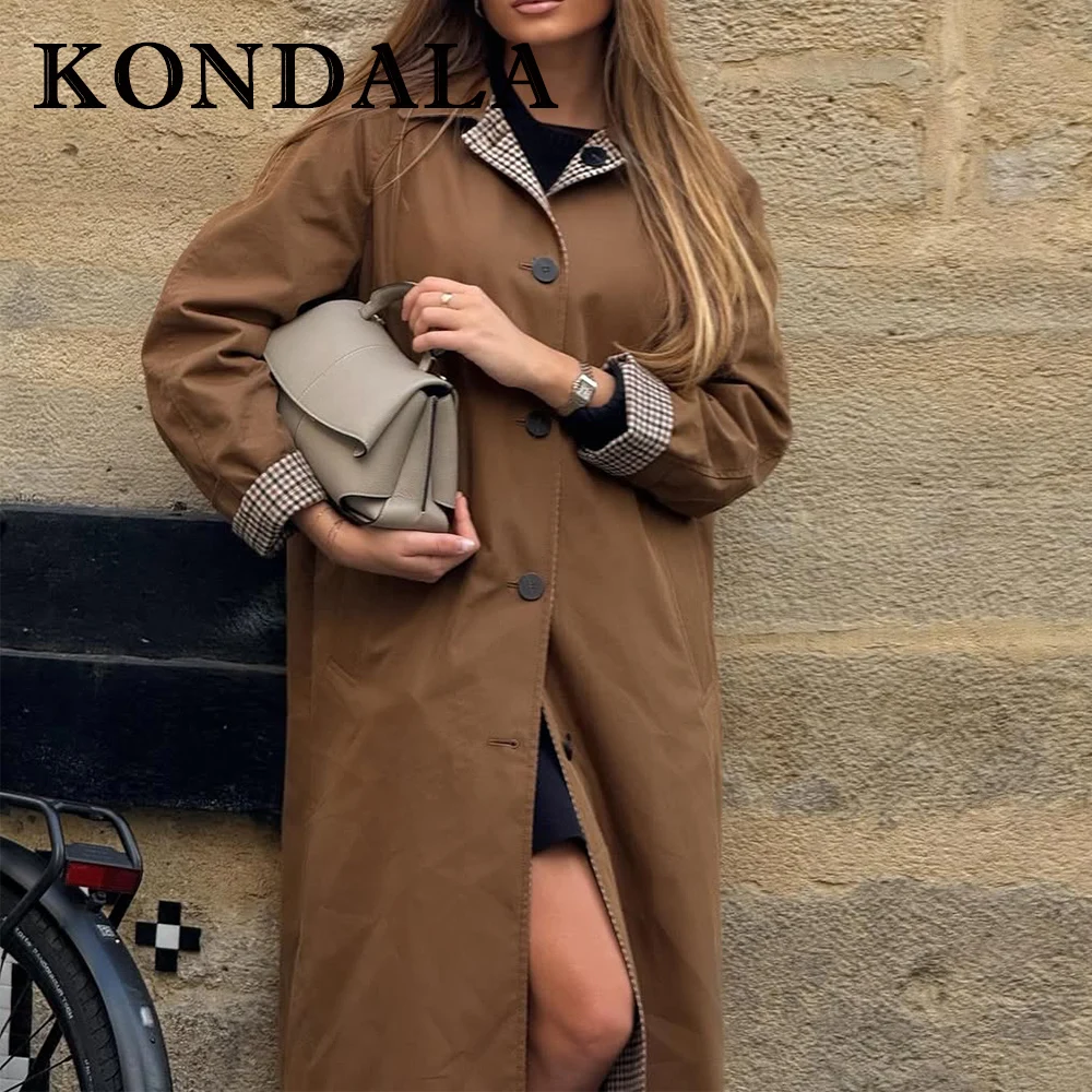 KONDALA 2025, Herbst Casual Frau doppelseitige Reversible Graben Mantel Plaid Einreiher Mode Taschen Vintage Mujer Graben