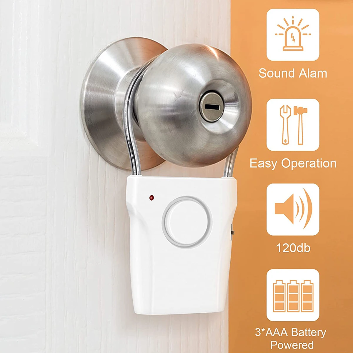 Door handle alarm 120dB with adjustable setting portable alarm device battery powered for family travel hotel apartment security