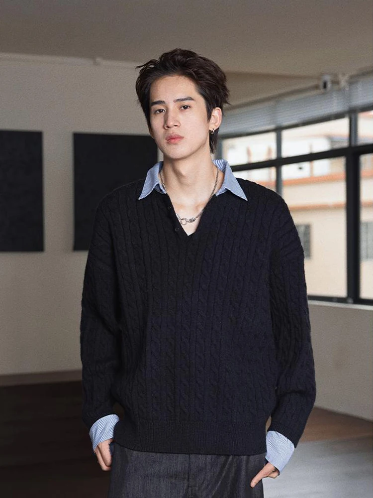 

Bla Fake, двухсекционный вязаный свитер, мужской осенний винтажный полосатый высококачественный шерстяной свитер