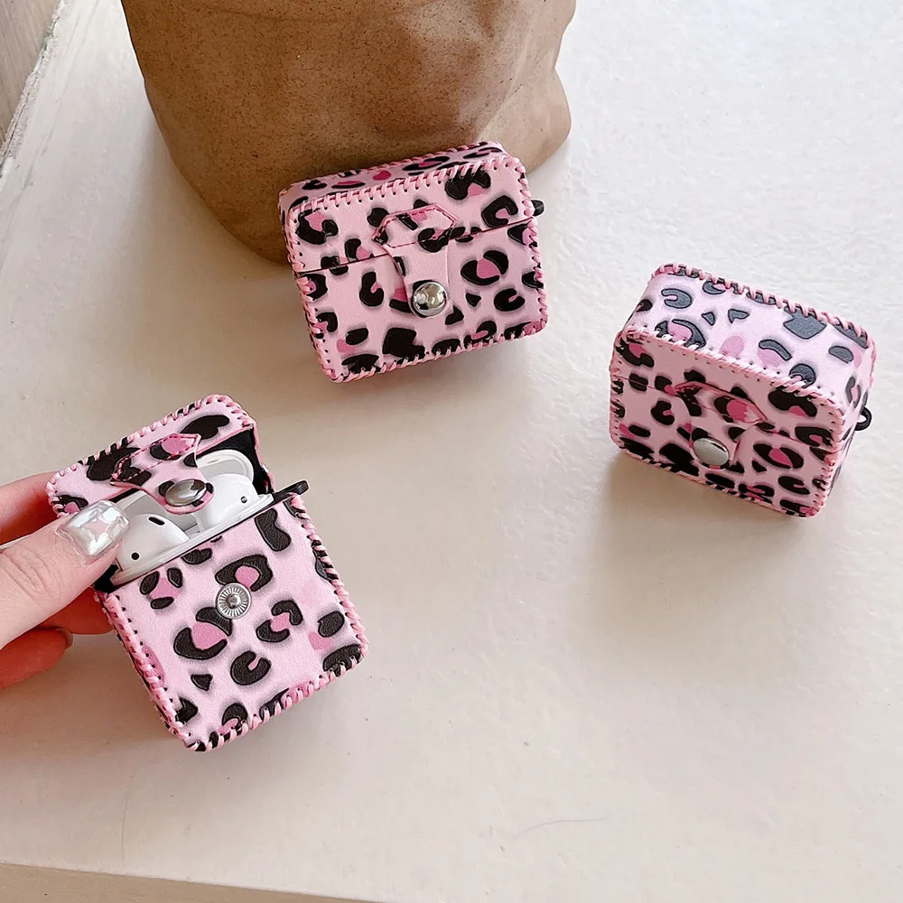 Fashion Pink Leopard Print English Leather Case For Apple Airpods 1 2 3 Cases For AirPod Pro 2 Retro Earphone Charging Box Cover