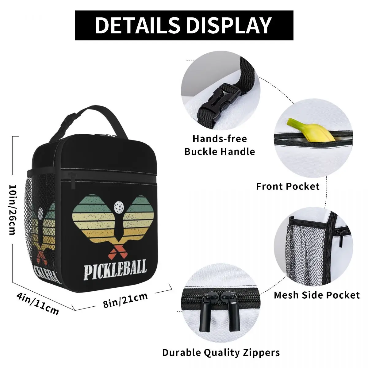 Pickleball Vintage Distressed Retro Player Insulated Lunch Bag for Women Office Cooler Thermal Food Lunch Boxes Container