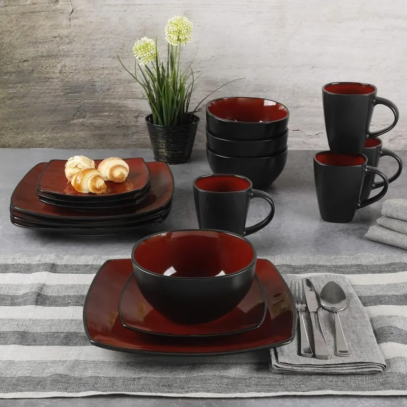 Gibson Soho Lounge Square Reactive Glaze Dinnerware Set, Red, Service for 4 (16pcs)