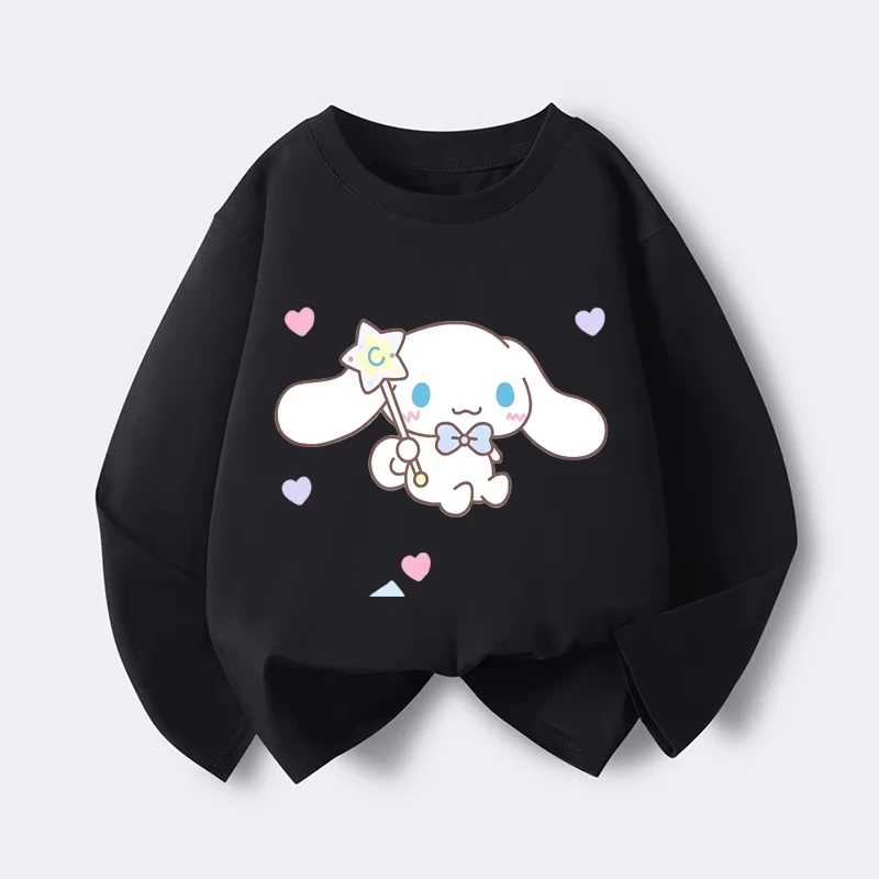 サンリオシリーズ プリントクルーネック長袖トップス、キュートで暖かい裏起毛クルーネック長袖Tシャツ、綿100％