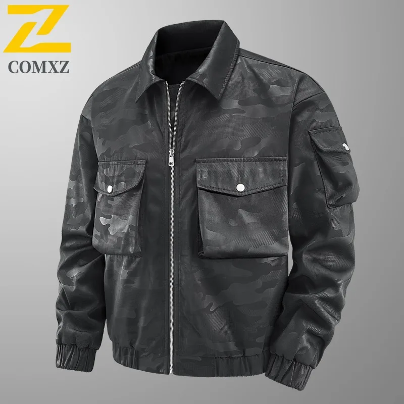 

COMXZ 2025 Mens Slim Fit Workwear loose Adventure Travel Camping Jacket Casual Windproof Multi Pocket Leather Motorcycle Jacket