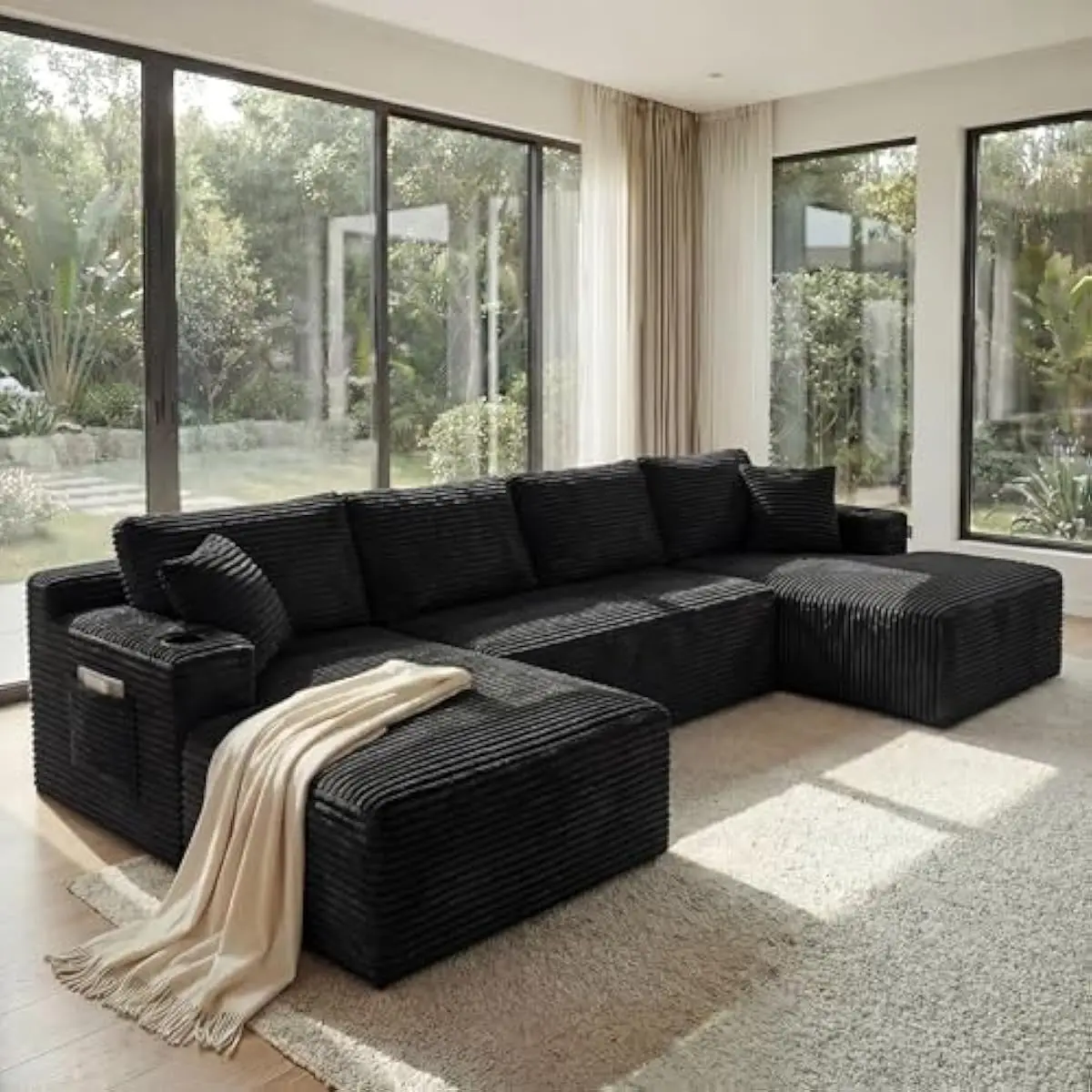 U-Shaped Modular Sectional Sofa in Black Corduroy Fabric | Space-Saving Semicircular Design | Modern Living Room Seating | 133.5