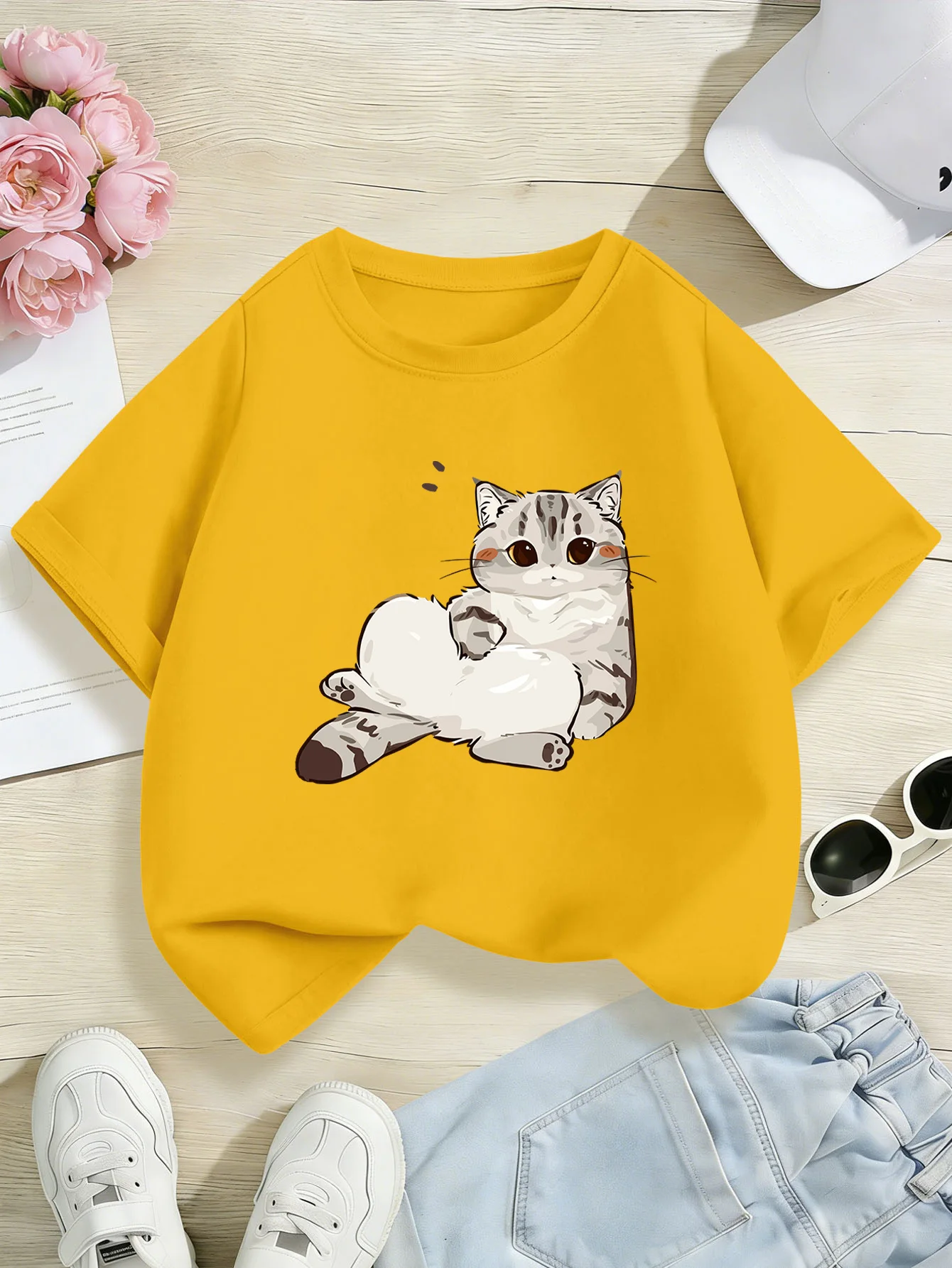 Chubby Fluffy Tabby Kitten Cartoon Print Boys Girls Short Sleeve Tee Parent Match Soft Cotton Kids Gentle Sweet Fashion T Shirts