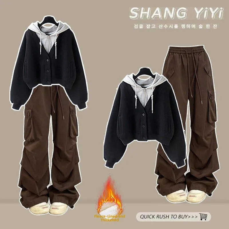 

Winter Thickened Fleece Lined Oversized Sweatshirt And Pants Set Versatile Retro American Workwear Style Two Piece Suit