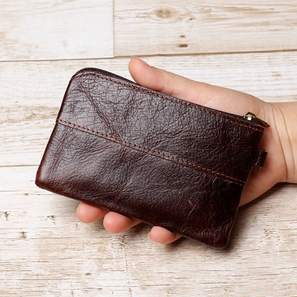 Ultra-thin genuine leather coin purse card holder, men's casual retro zipper card bag, simple ID document pouch
