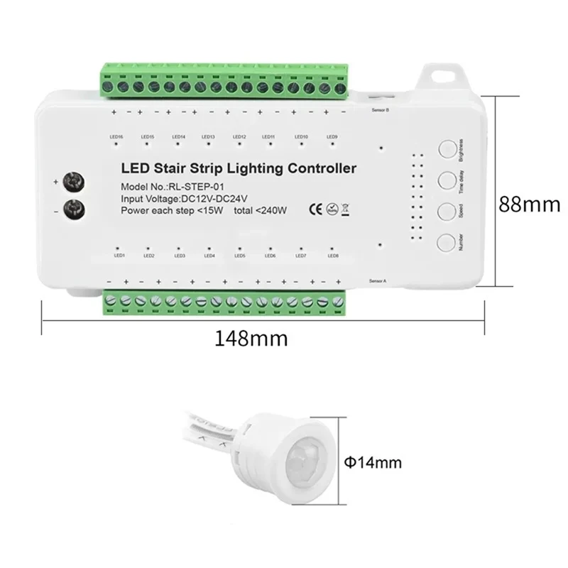 16 canais led luz da escada controlador 2 pir para interior flexível led cob strip Light-AT36