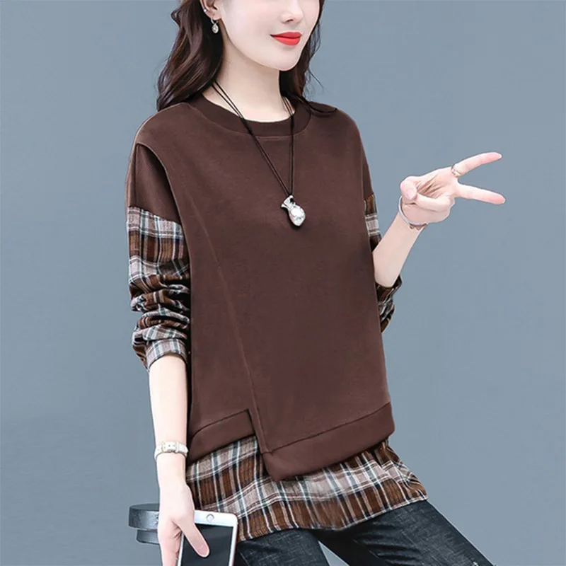 Camiseta de Mujer de Talla Grande para Primavera y Otoño, Nueva Camiseta Informal con Cuello Redondo y Manga Larga a Cuadros