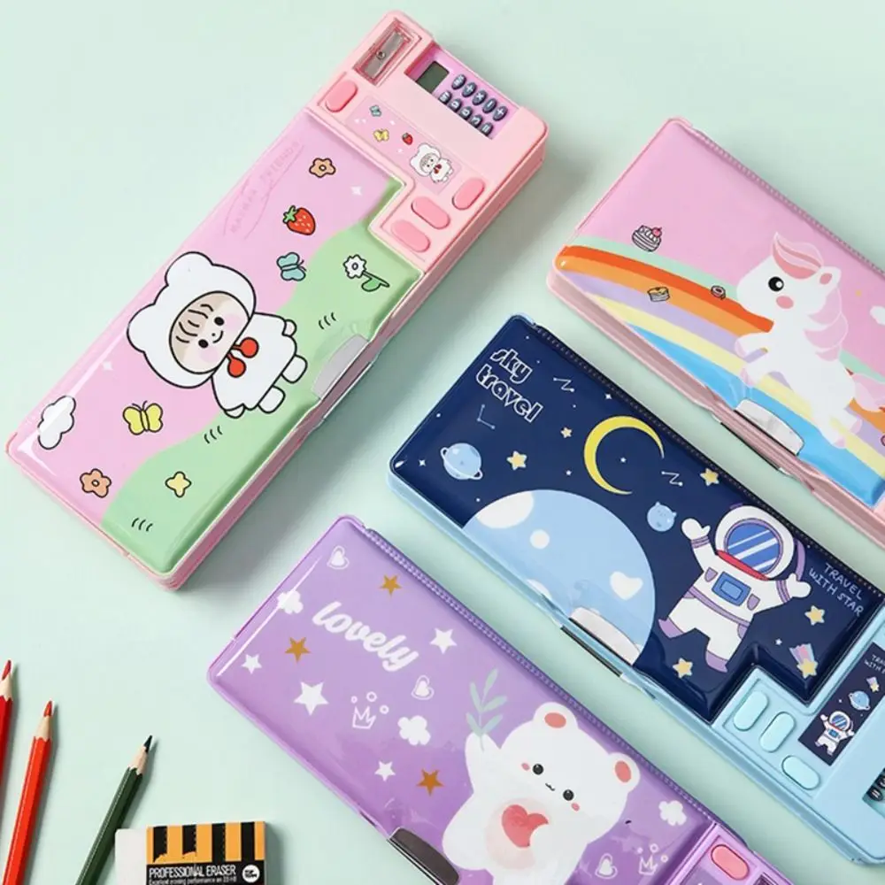 Plastic Pencil Case With Calculator/Pencil Sharpener Fun Mechanism Design Pencil Box Double Sided Use Multi-Functional Pen Bag