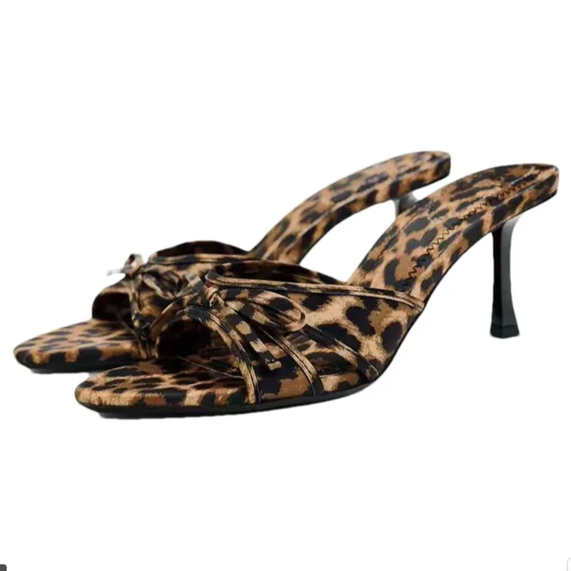 Leopard High Heels Slippers Women Bow Shoes Sexy Dress Sandals 2024 Summer New Slides Casual Pumps Walking Cozy Mujer Flip Flops