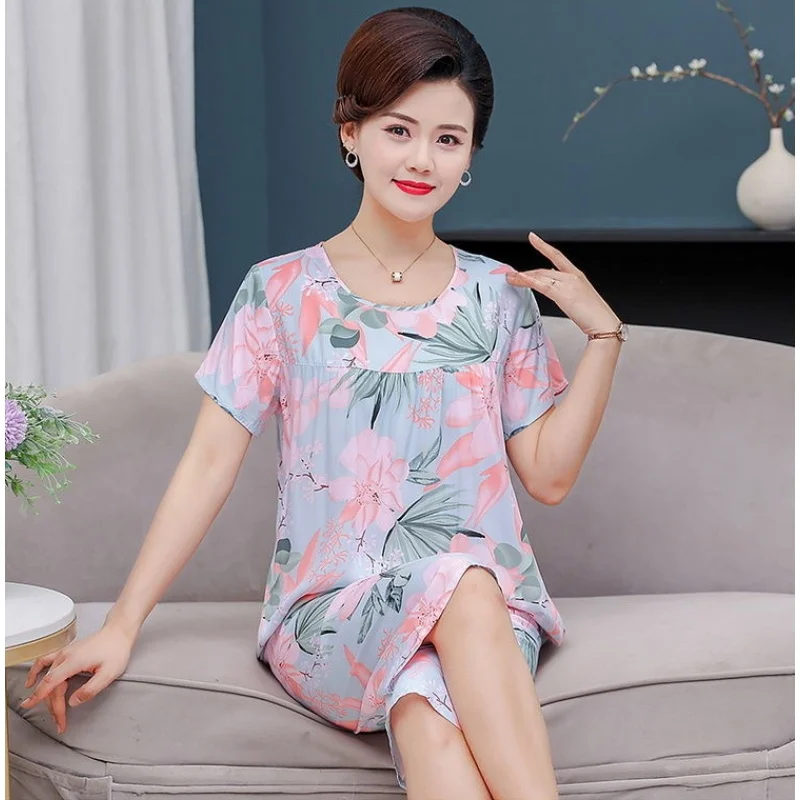 Middle Aged Mother Sleeping Pajamas For Women 2 Piece Set Outfit Round Neck Suit Summer Short Sleeve Sleepwear T-shirt Two-piece