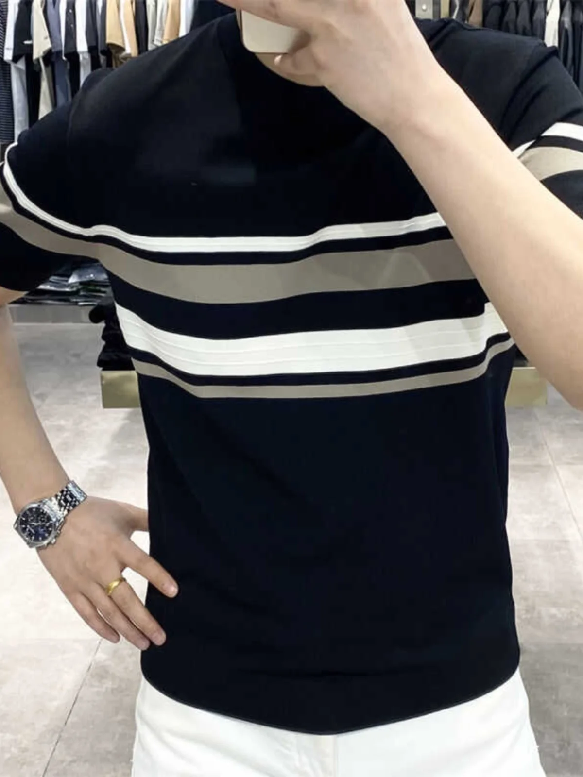 

Летняя мужская футболка 2024 с простым полосатым дизайном, коротким рукавом, повседневная, трикотажная, приталенная, с круглым вырезом, в стиле кэжуал-бизнес