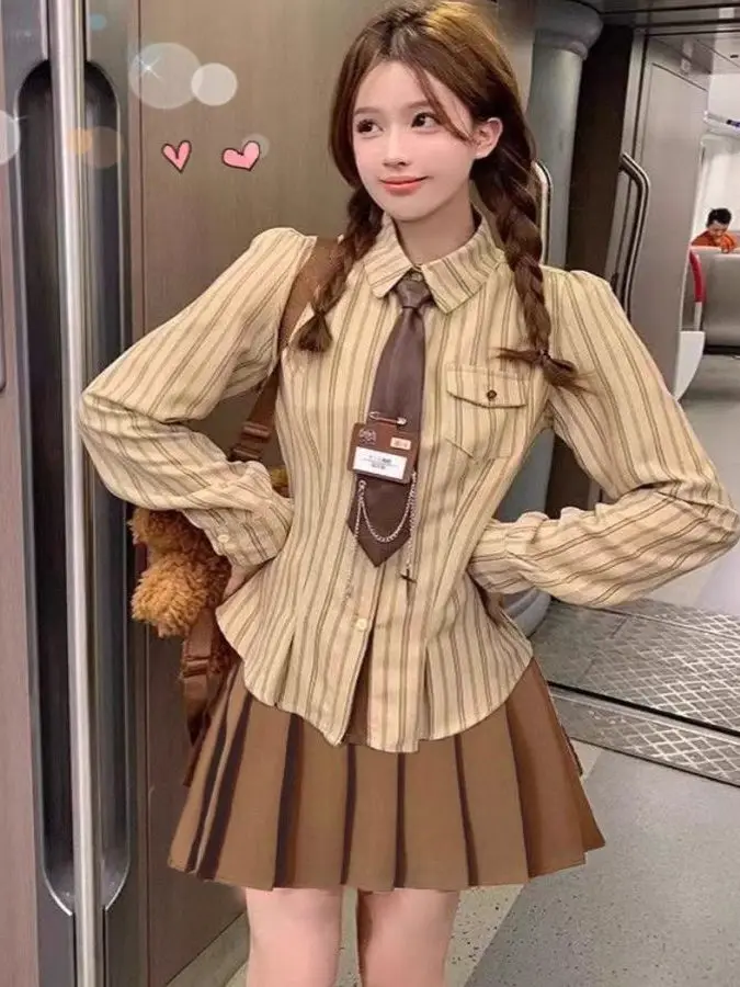 

2025 Spring Autumn Women's Plaid Shirt And Skirt Set Korean College Style Design Sense Minor JK Uniform Gingham Skirt