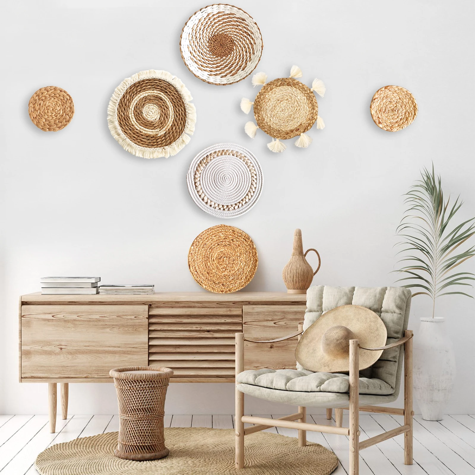 Set di 7 decorazioni per cestini da parete Boho decorazione da parete in Rattan intrecciato decorazione da parete in vimini fatta a mano decorazione