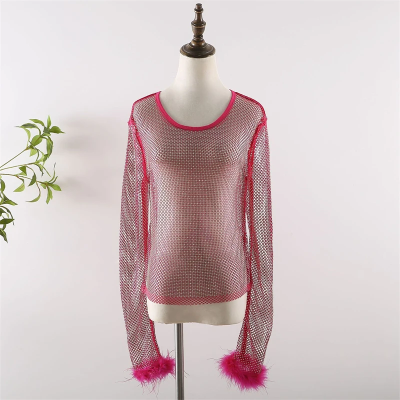 Damen Diamant-Netz-Top, Durchsichtiges Fischernetz-T-Shirt, Glitzernde Transparente Rundhalsbluse, Eng Anliegend, für Nachtclub, Party, Festival, Clubwear – Detail 6
