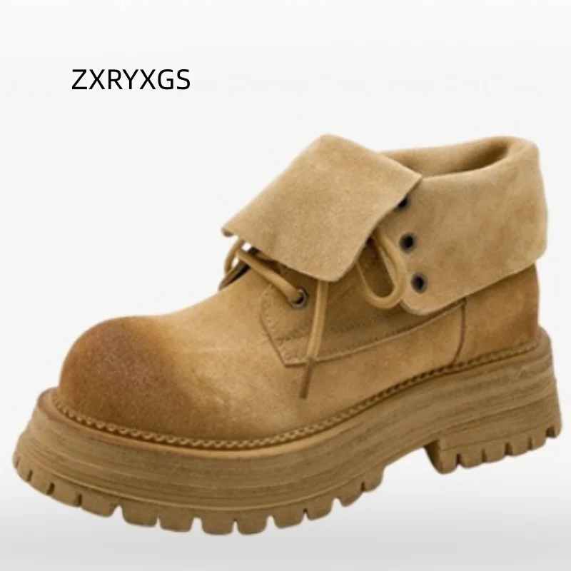 ZXRYXGS Superior Frosted Cowhide Autumn Winter Shoes Woman Boots 2025 Thick Soled Non-slip Thick Mid Heels Comfort Trendy Boots