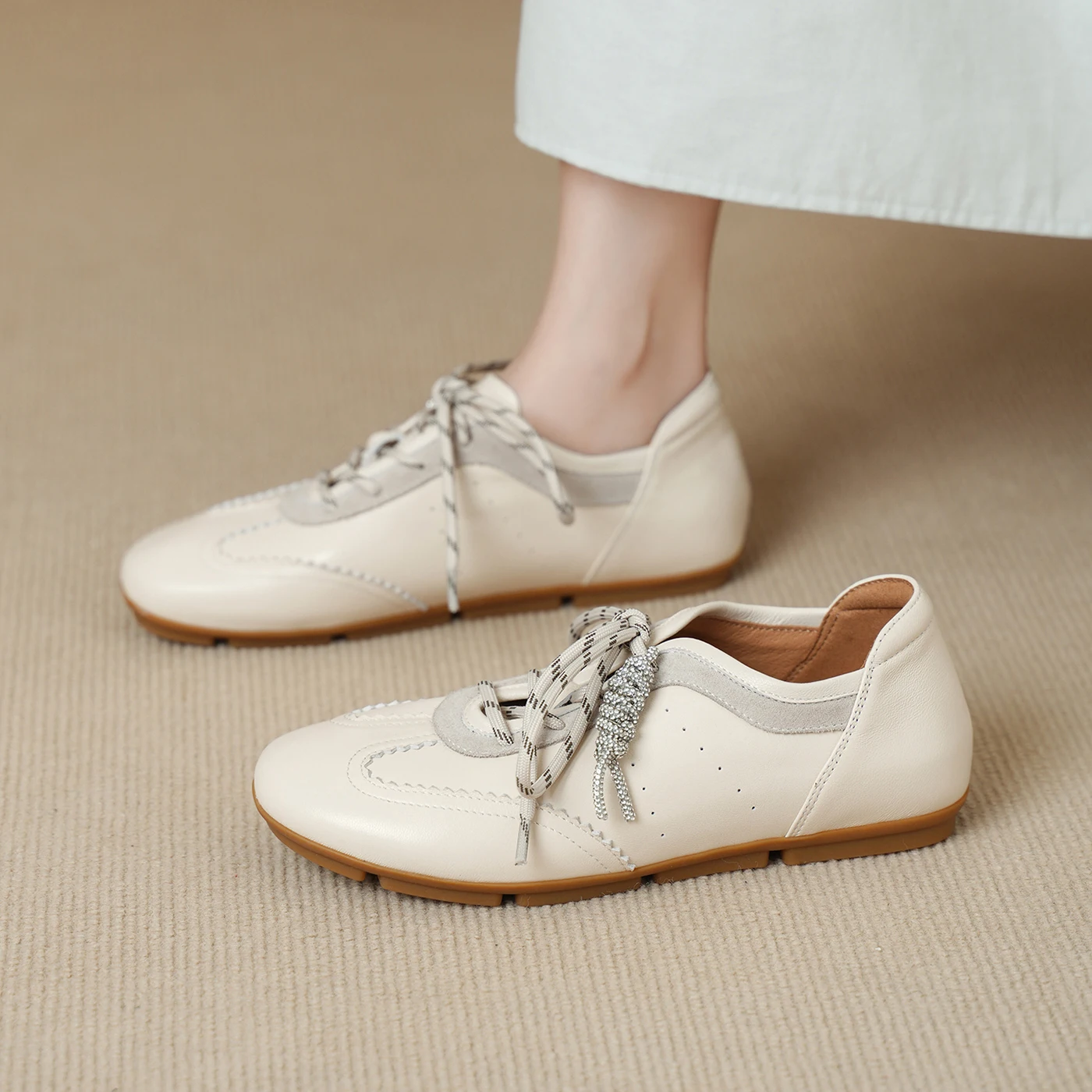 2026 new spring autumn women pumps natural leather 22-25cm sheepskin+pigskin+cowhide lace-up loafers mixed color women shoes